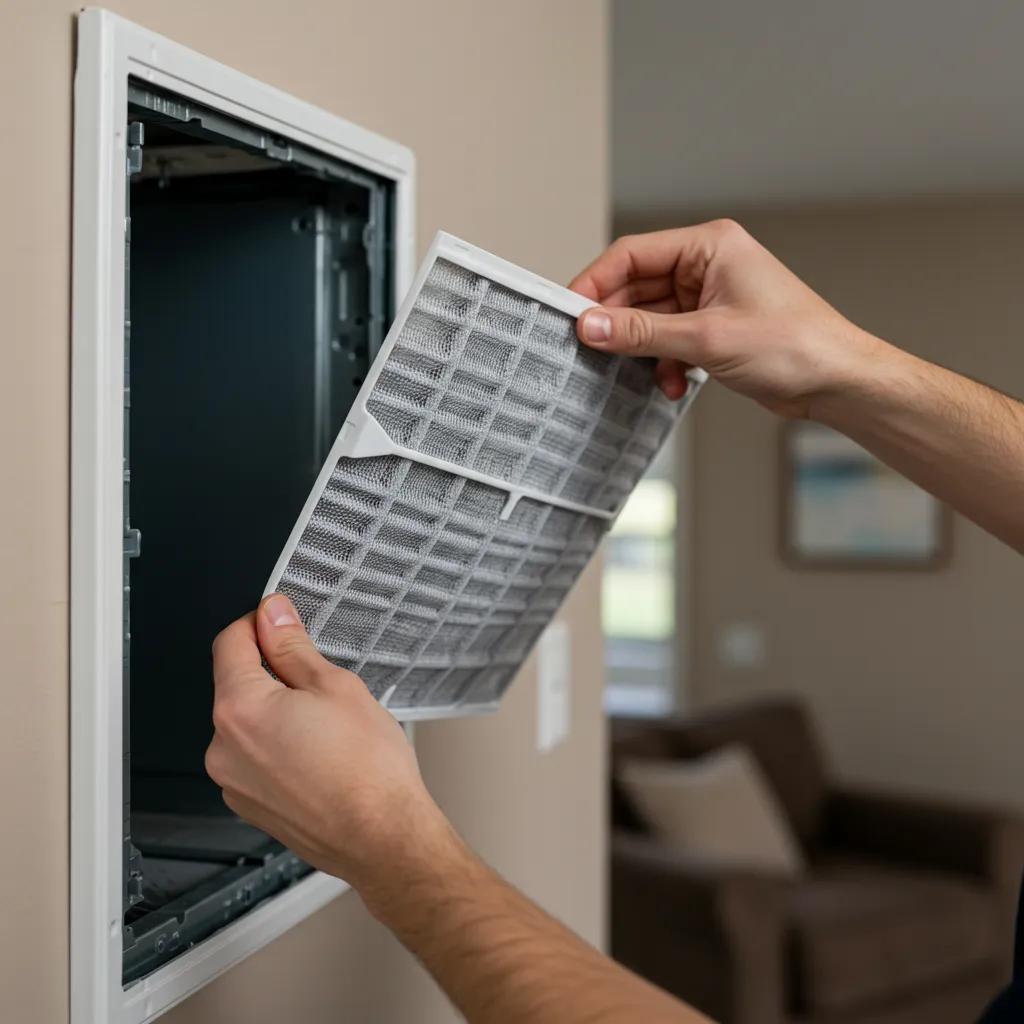 Person replacing an HVAC air filter to improve indoor air quality